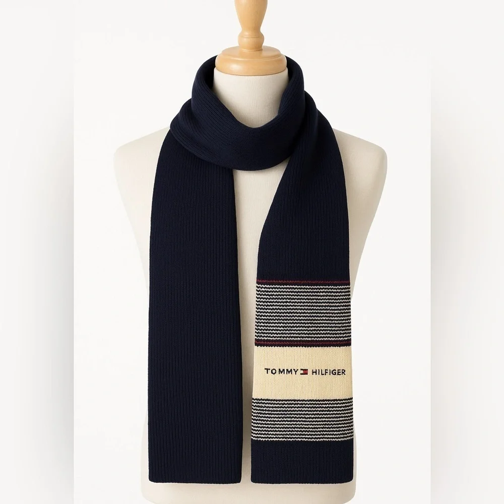 Tommy Hilfiger Navy & Cream Striped Knit Scarf with Logo Embroidery – Unisex